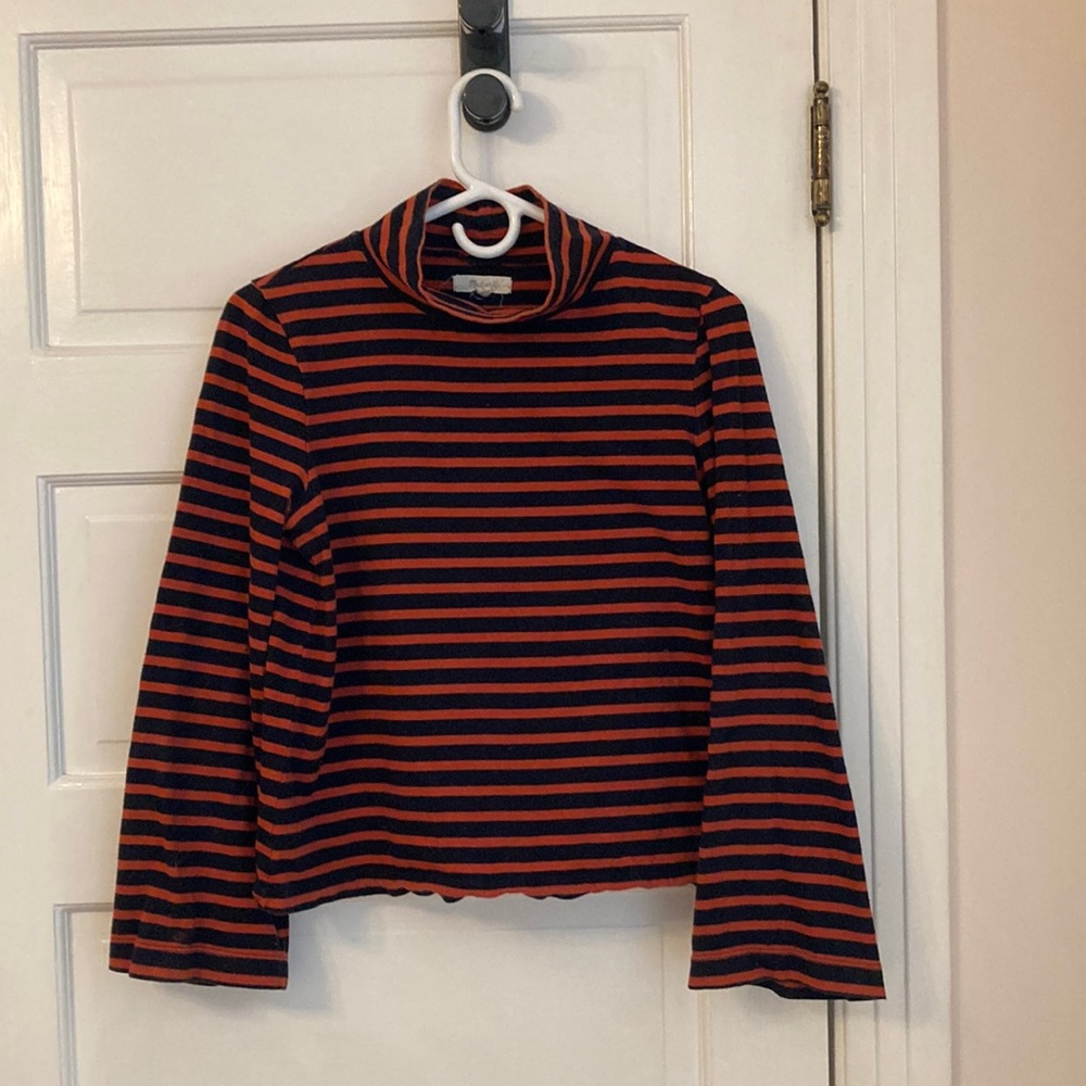 - Madewell mock-neck bell sleeve, stripey fall layer